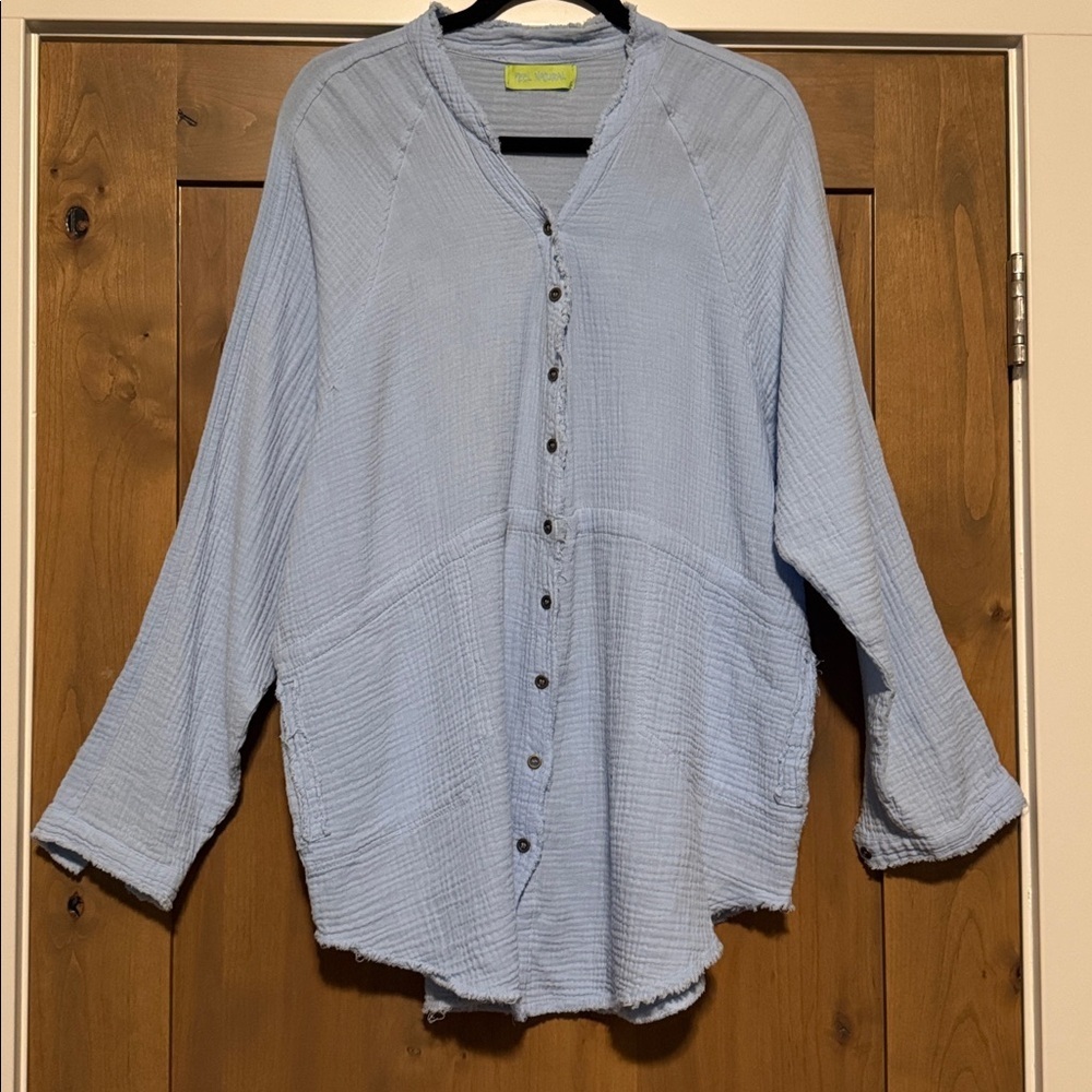 Feel Natural gauze Lagenlook button front long tunic Blouse Womens S Oversized